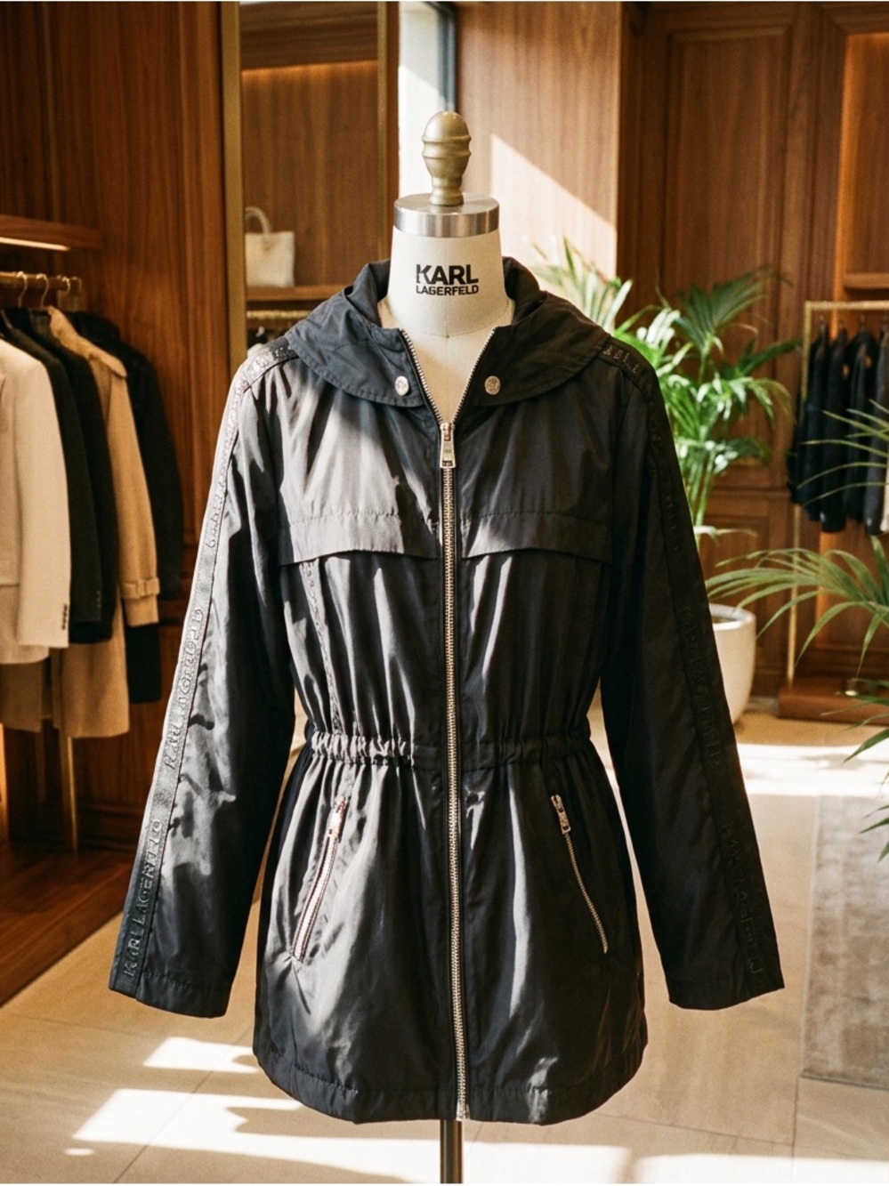 Karl Lagerfeld Black Hooded Zip-Up Utility Jacket with Cinched Waist